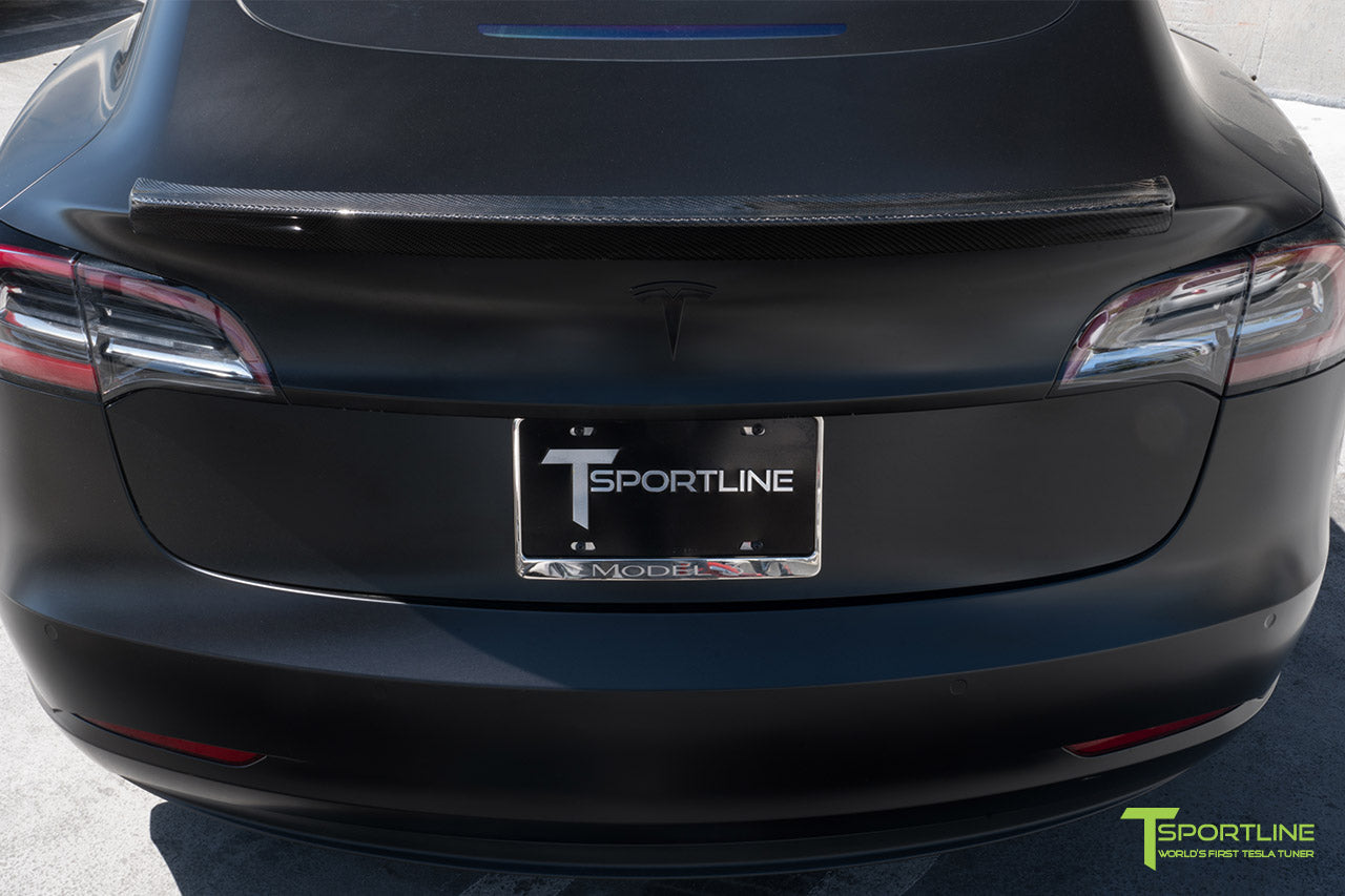 Satin Black Tesla Model 3 with Gloss Carbon Fiber Trunk Wing Spoiler by T Sportline
