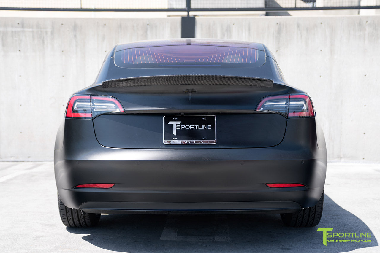 Satin Black Tesla Model 3 with Gloss Carbon Fiber Trunk Wing Spoiler by T Sportline