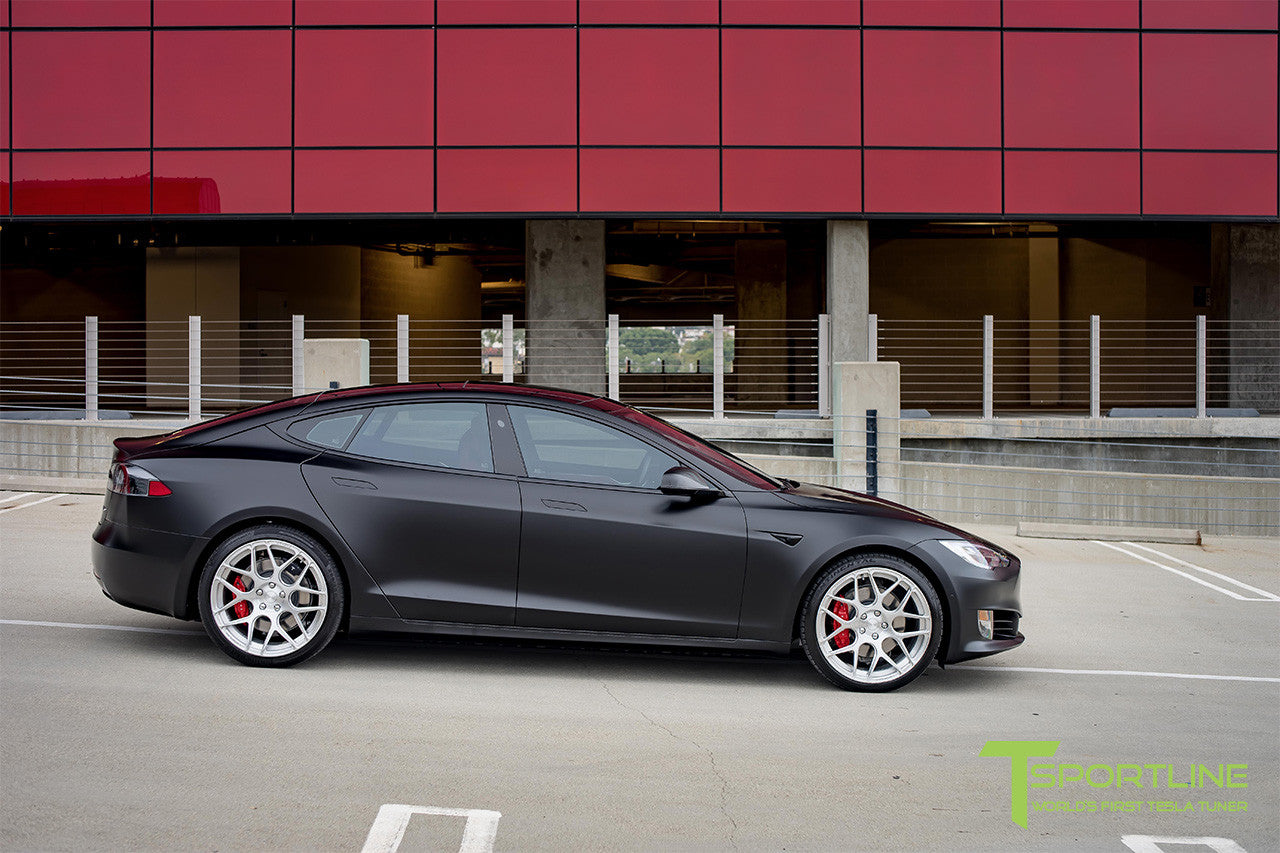 Satin Black Tesla Model S 2.0 with Brush Satin 21 inch TS117 Forged Wheels