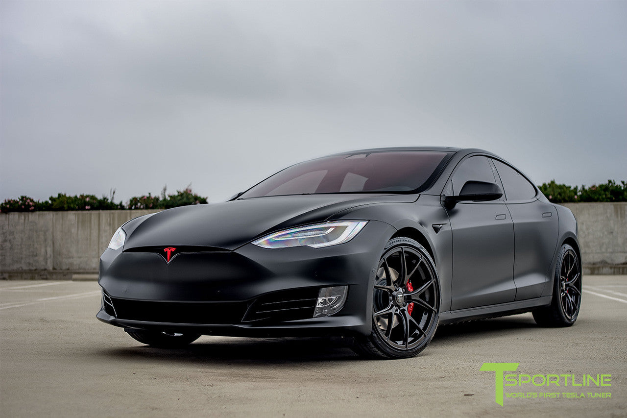 Satin Black Tesla Model S 2.0 with Gloss Black 21 inch TS115 Forged Wheels