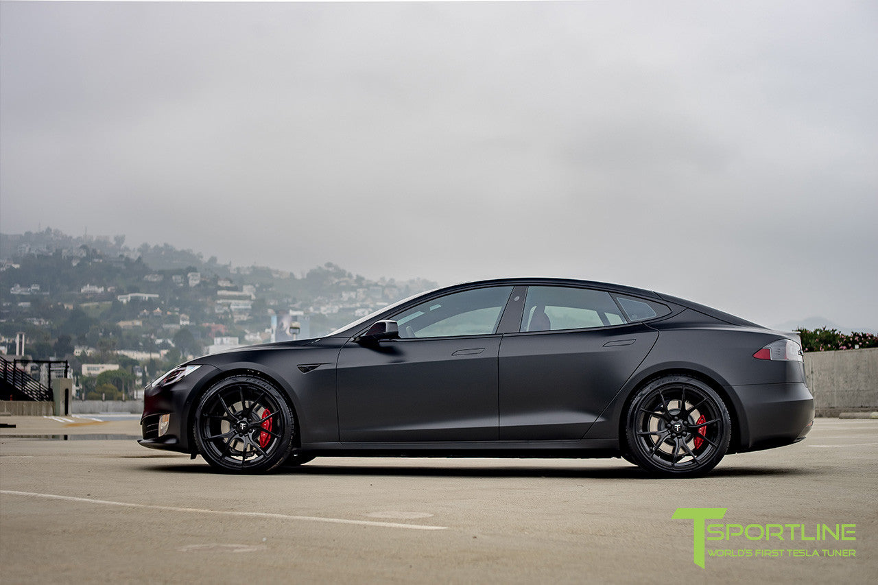 Satin Black Tesla Model S 2.0 with Gloss Black 21 inch TS115 Forged Wheels