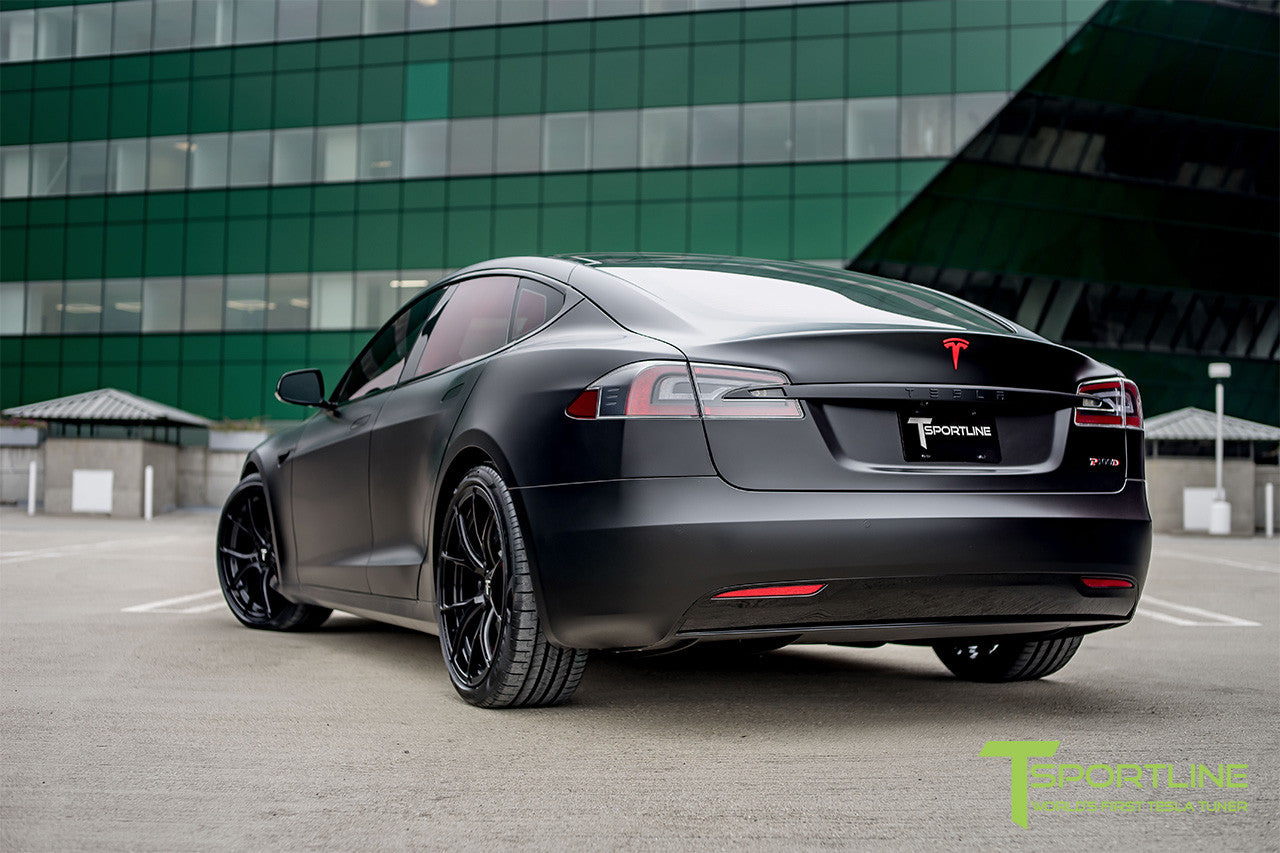 Satin Black Tesla Model S 2.0 with Gloss Black 21 inch TS115 Forged Wheels