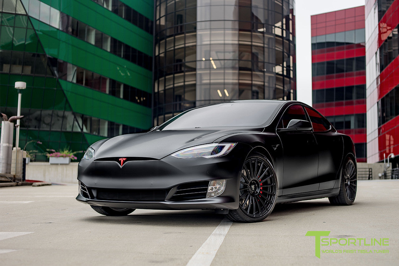 Satin Black Tesla Model S 2.0 with Matte Black 21 inch TS118 Forged Wheels 3