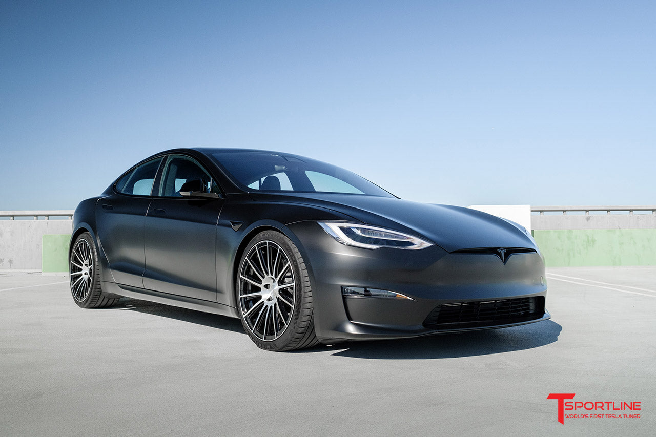 Satin Black Tesla Model S Plaid with 21" TS114 Forged Wheels in Diamond Black, Satin Black Plaid Badge Spaceballs Logo, Lug Nut Covers, and Ceramic Pro Ceramic Coating by T Sportline