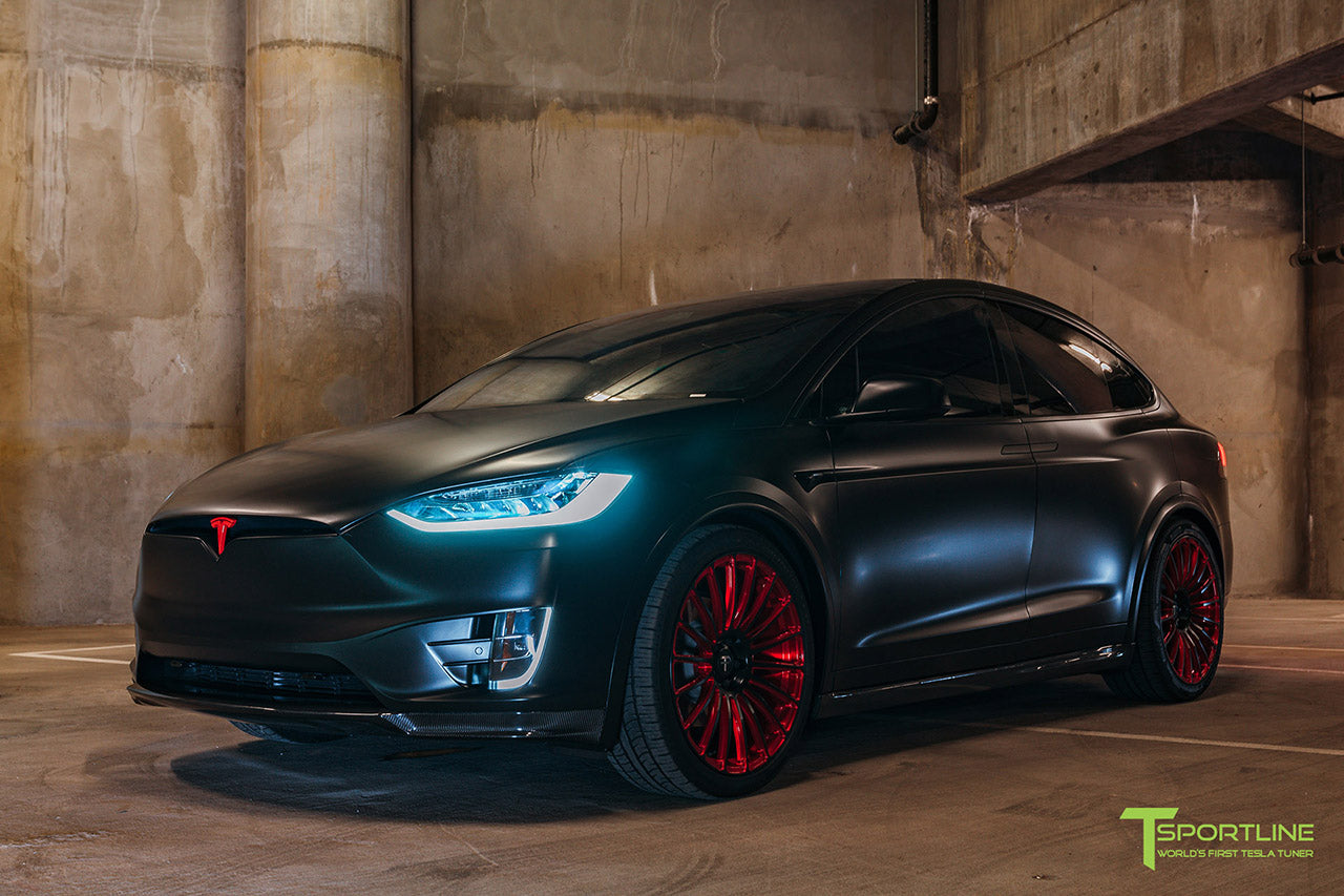 Satin Black Tesla Model X with Imperial Red MX118 22 inch Forged Tesla Wheels by T Sportline