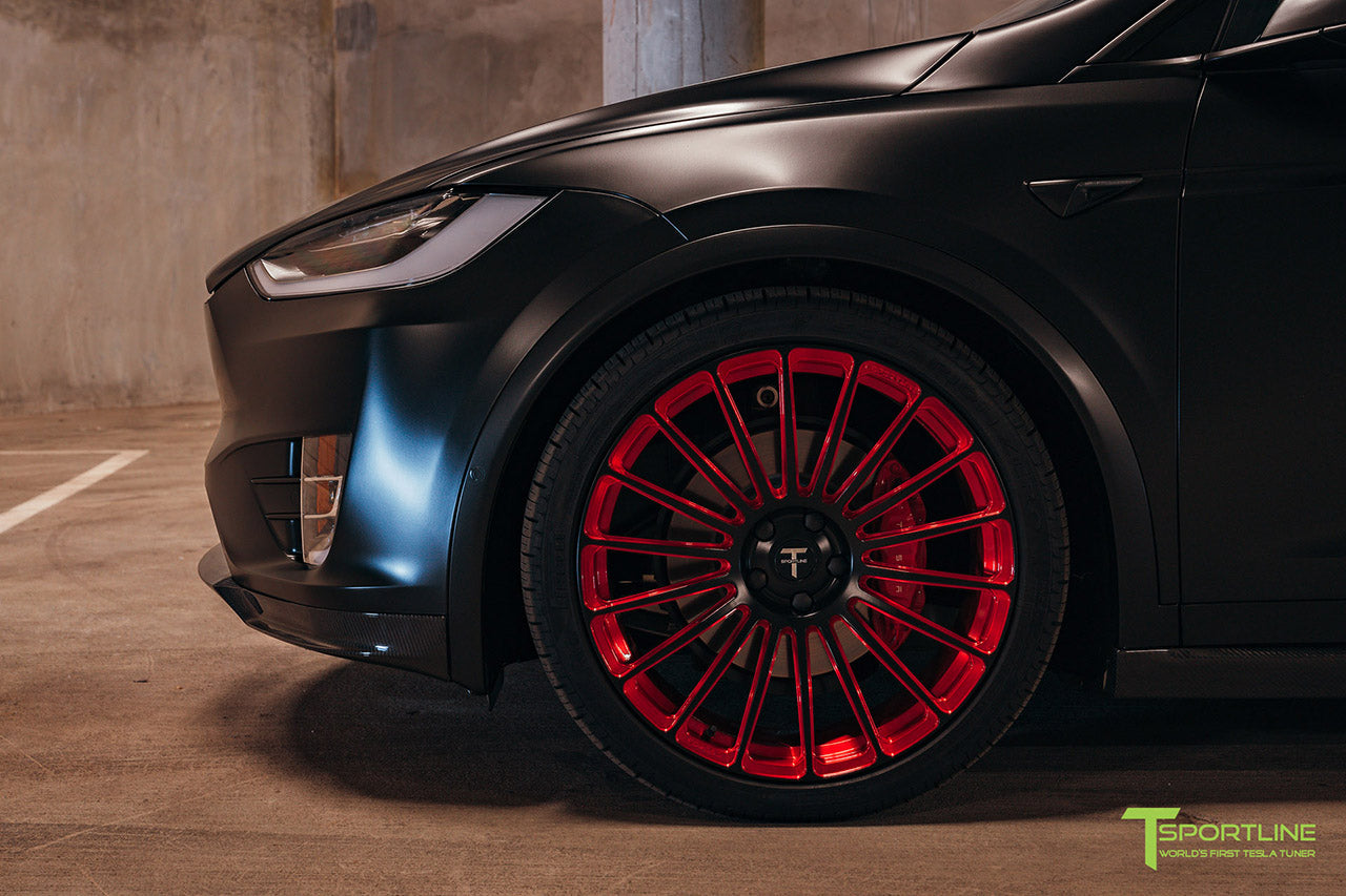 Satin Black Tesla Model X with Imperial Red MX118 22 inch Forged Tesla Wheels by T Sportline