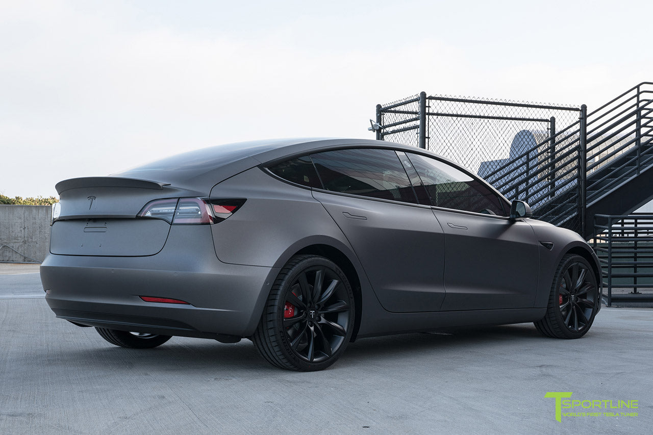 Satin Dark Gray Tesla Model 3 with Wrapped Carbon Fiber Trunk Wing Spoiler by T Sportline