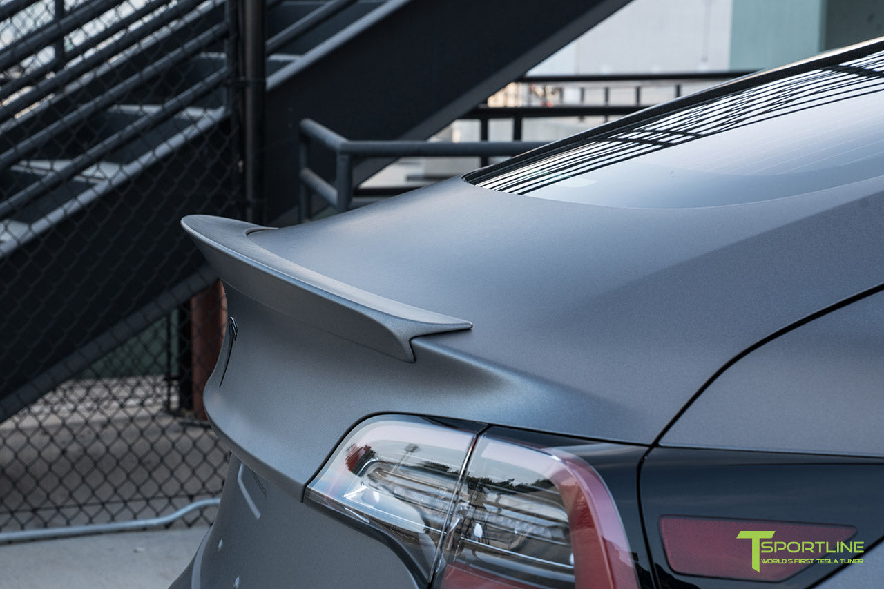 Satin Dark Gray Tesla Model 3 with Wrapped Carbon Fiber Trunk Wing Spoiler by T Sportline