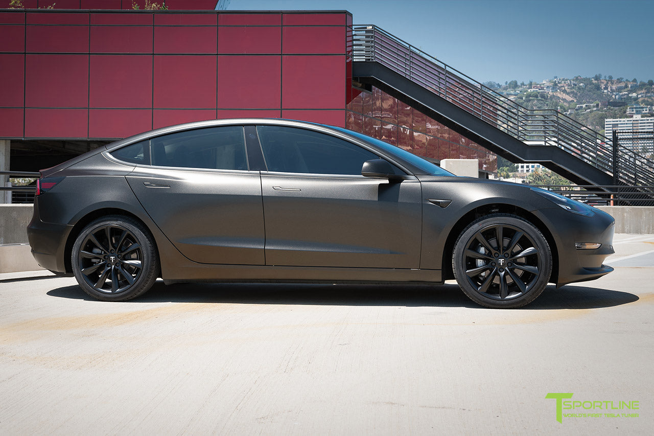 Satin Gold Dust Black Tesla Model 3 with Matte Black 19 inch Turbine Style TST Wheels by T Sportline