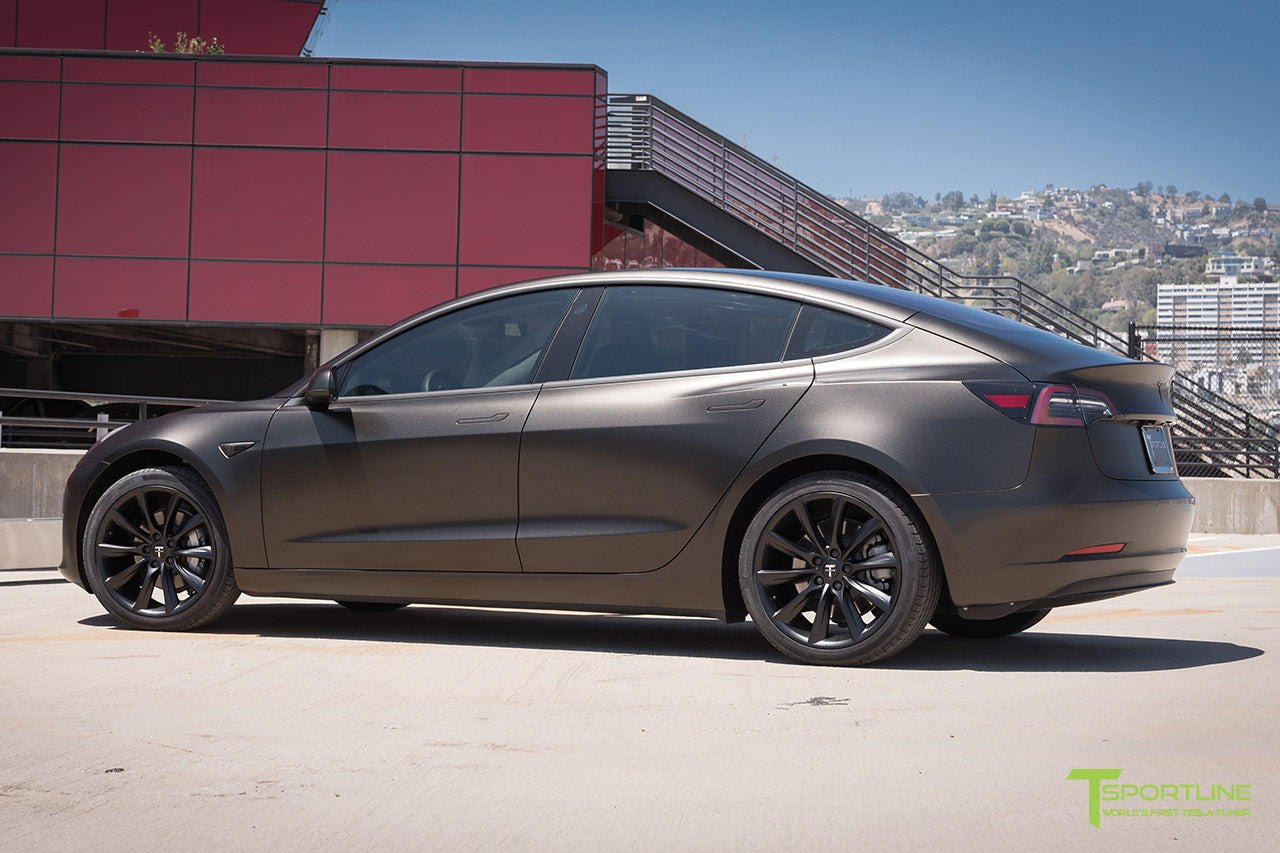Satin Gold Dust Black Tesla Model 3 with Matte Black 19 inch Turbine Style TST Wheels by T Sportline