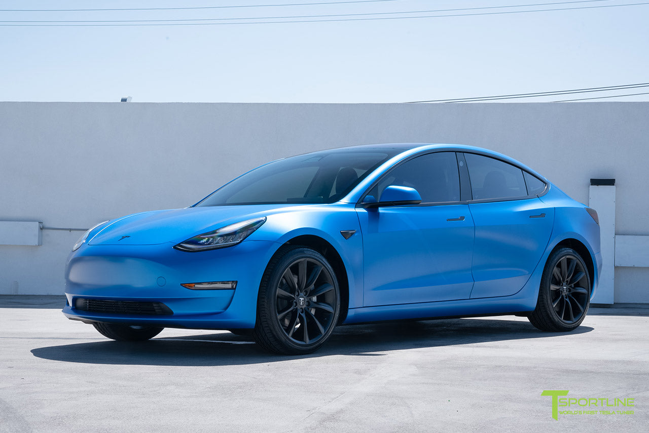 Satin Perfect Blue Tesla Model 3 with Matte Black 19 inch TST Turbine Style Wheels by T Sportline