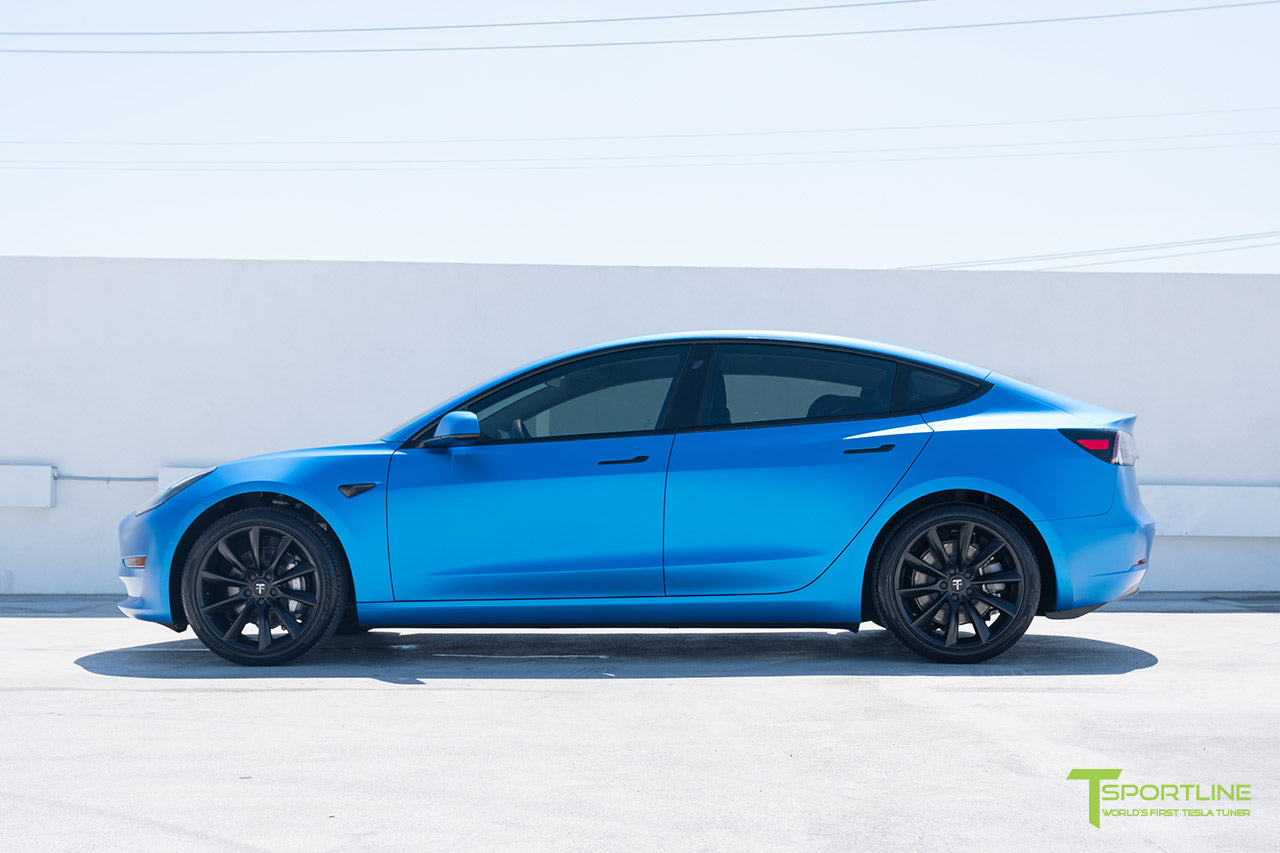 Satin Perfect Blue Tesla Model 3 with Matte Black 19 inch TST Turbine Style Wheels by T Sportline