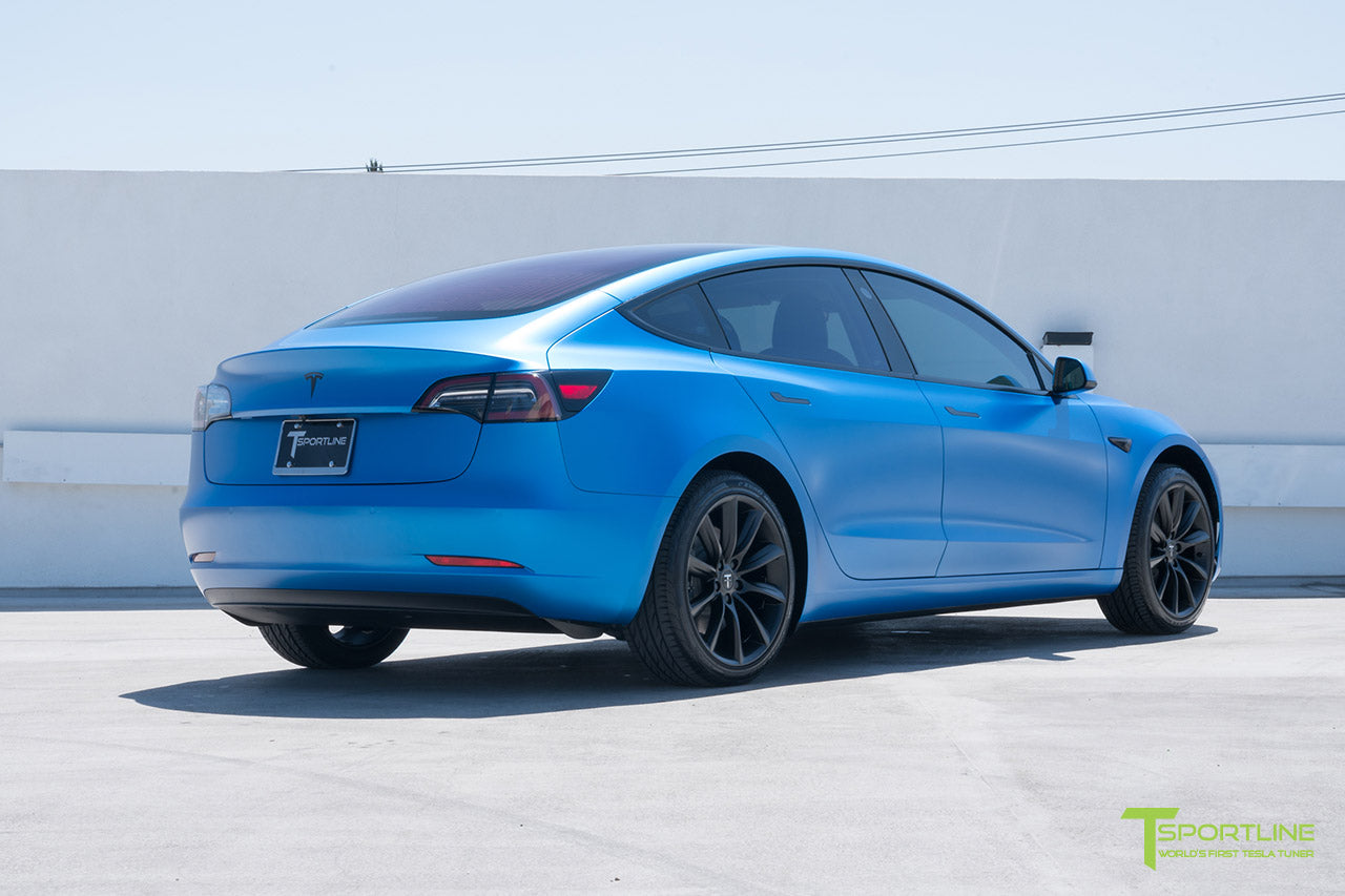 Satin Perfect Blue Tesla Model 3 with Matte Black 19 inch TST Turbine Style Wheels by T Sportline