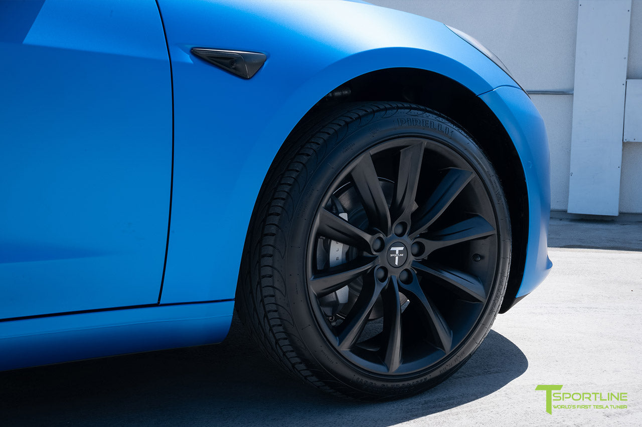 Satin Perfect Blue Tesla Model 3 with Matte Black 19 inch TST Turbine Style Wheels by T Sportline