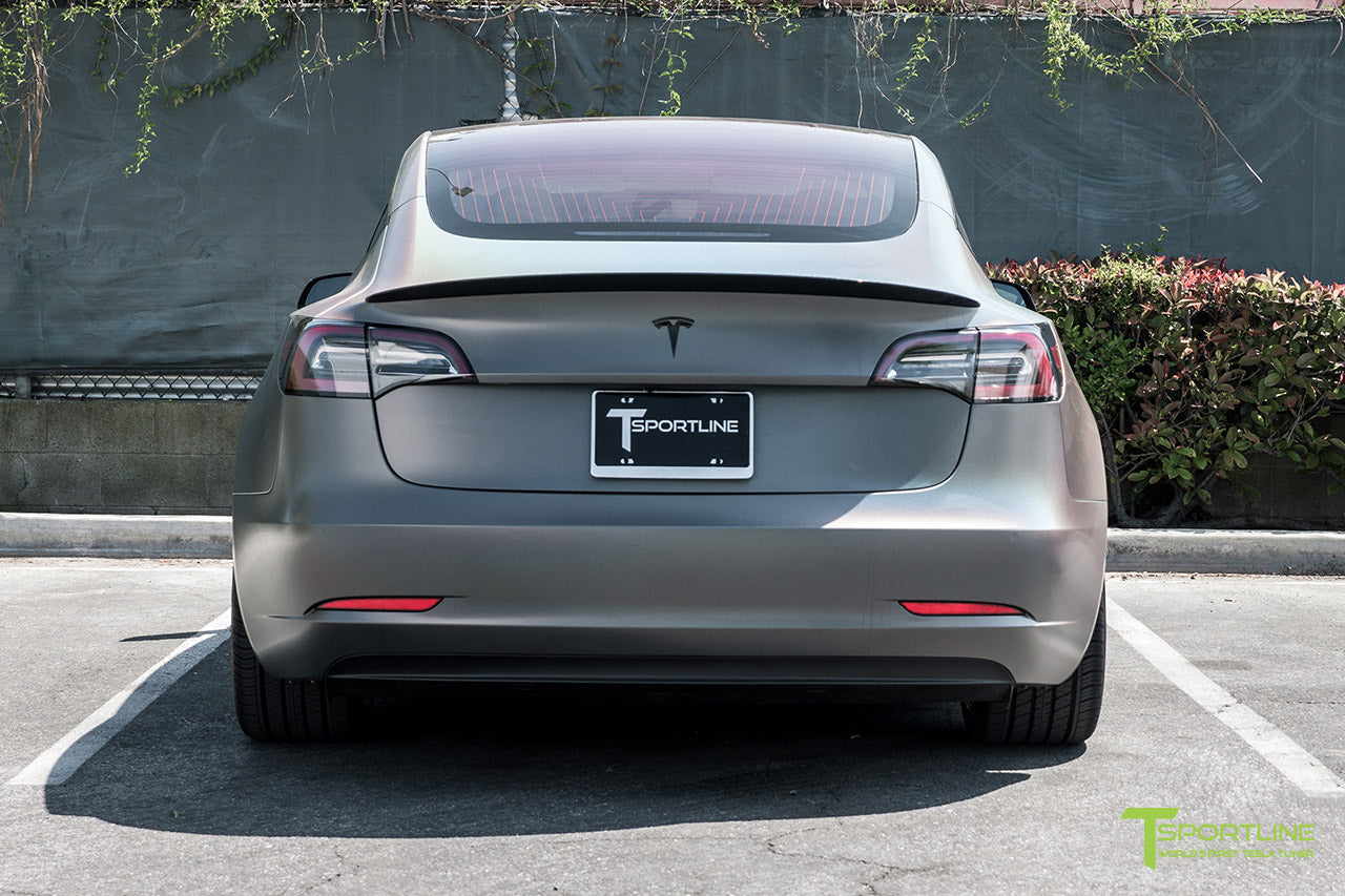Satin Psychedelic Wrapped Black Performance Model 3 with Gloss Carbon Fiber Trunk Wing Executive Performance Lip Spoiler by T Sportline