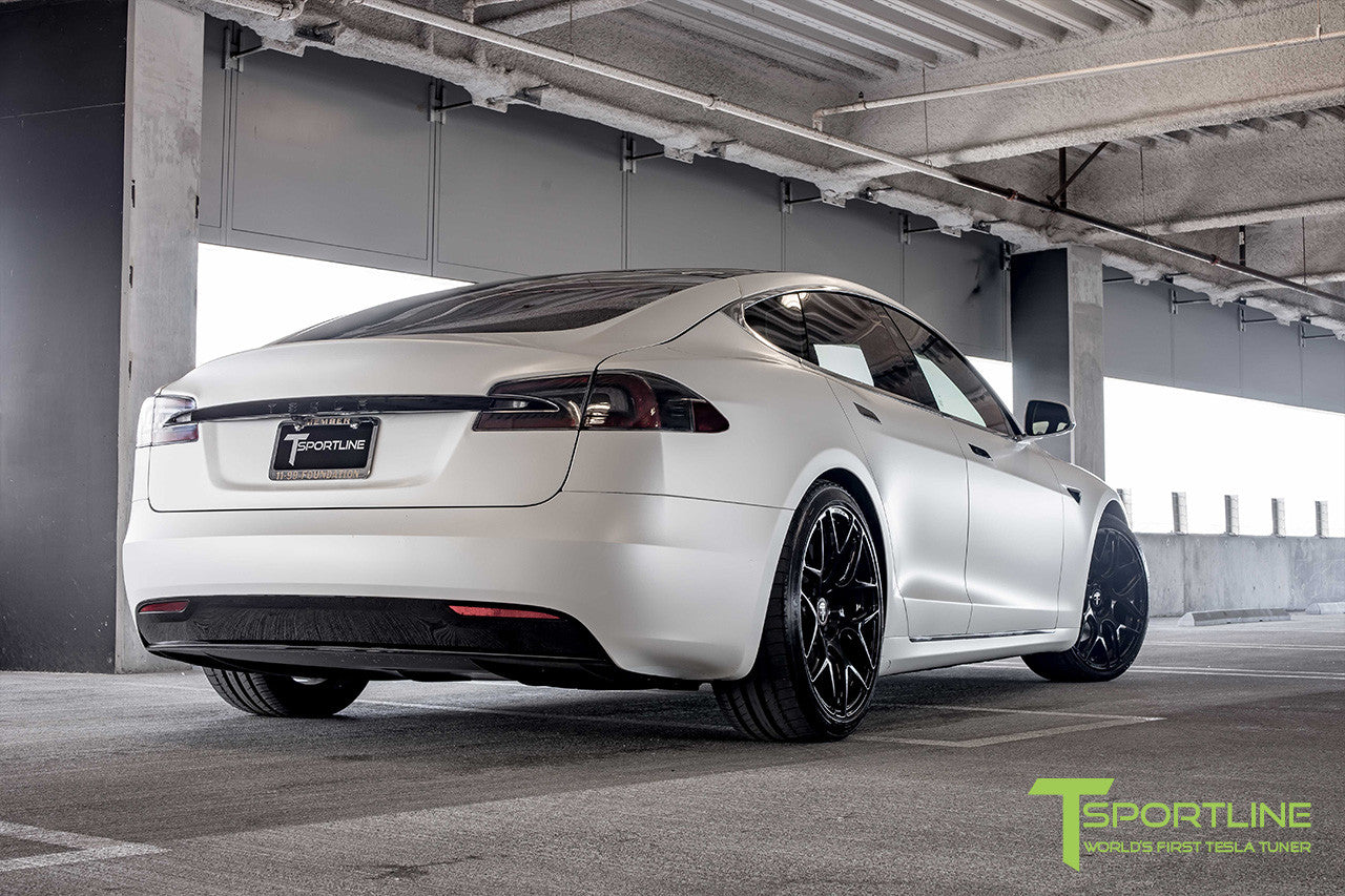 Satin White Tesla Model S 2.0 with Gloss Black 21 inch TS117 Forged Wheels