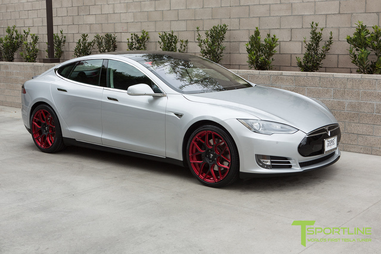 Silver Tesla Model S 1.0 with Imperial Red 21 inch TS117 Forged Wheels