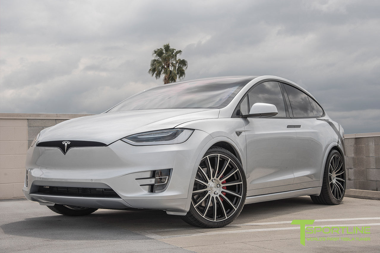 Silver Tesla Model X with Diamond Black 22 inch MX114 Forged Wheels