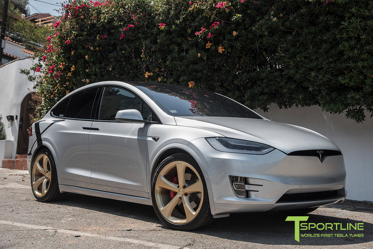 Silver Tesla Model X with Ghost Gold 22 inch MX5 Forged Wheels