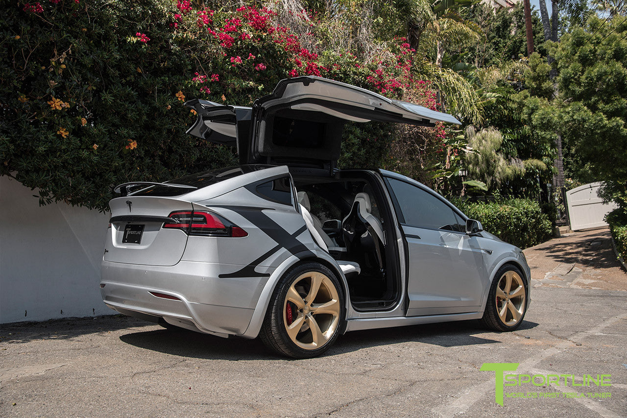 Silver Tesla Model X with Ghost Gold 22 inch MX5 Forged Wheels