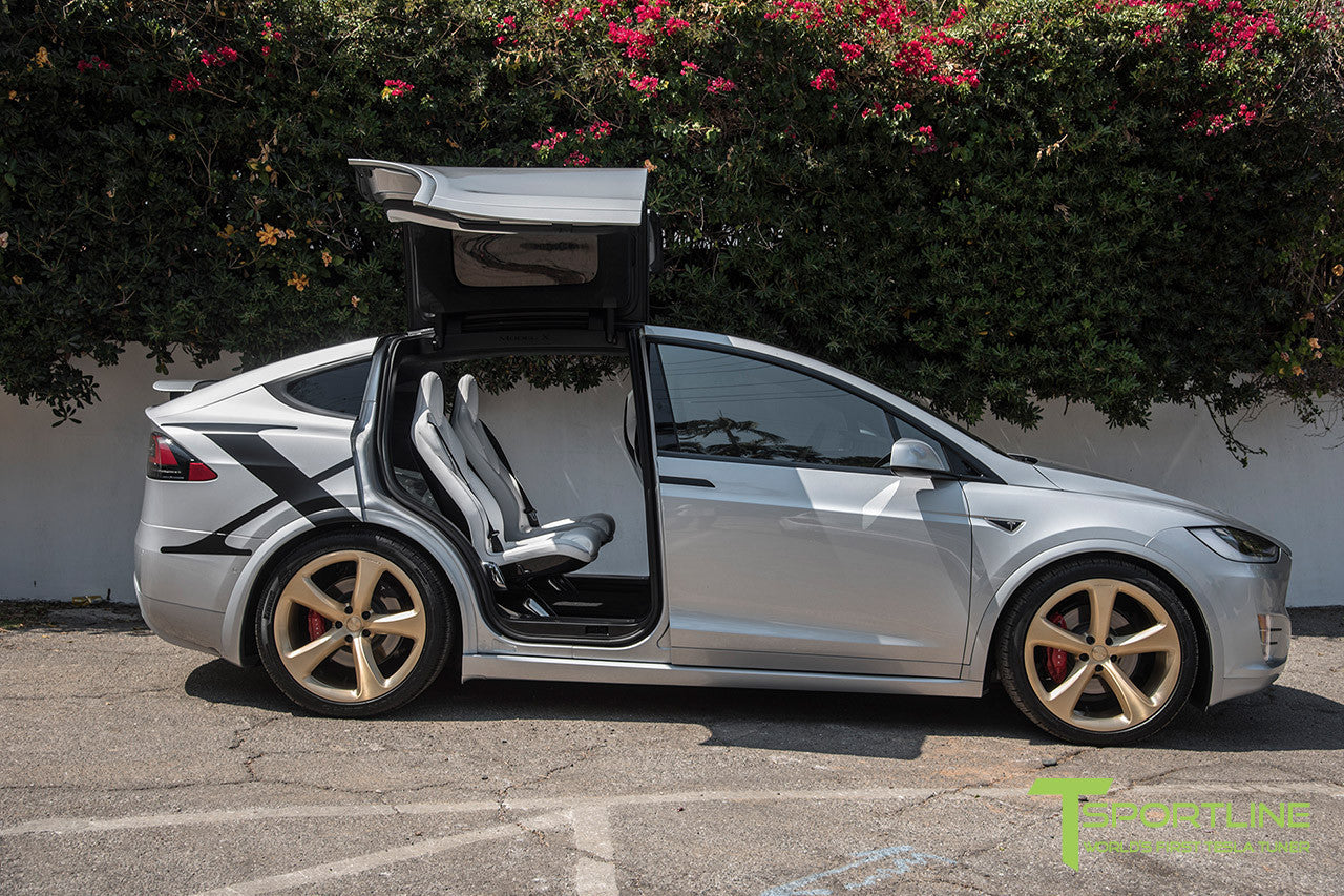 Silver Tesla Model X with Ghost Gold 22 inch MX5 Forged Wheels