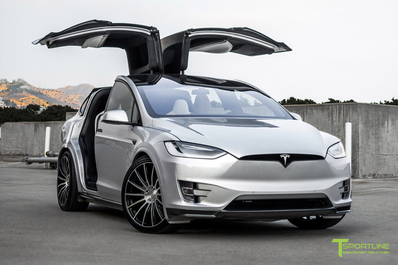 Silver Tesla Model X with Carbon Fiber Sport Package - Front Apron - Rear Diffuser - Side Skirt - Rear Wing by T Sportline