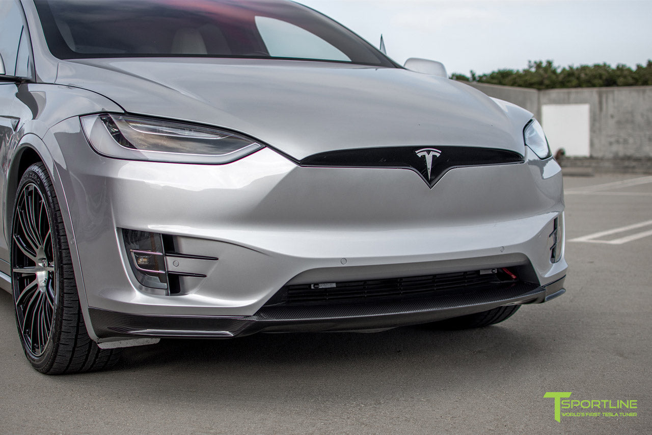 Silver Tesla Model X with Carbon Fiber Sport Package - Front Apron - Rear Diffuser - Side Skirt - Rear Wing by T Sportline