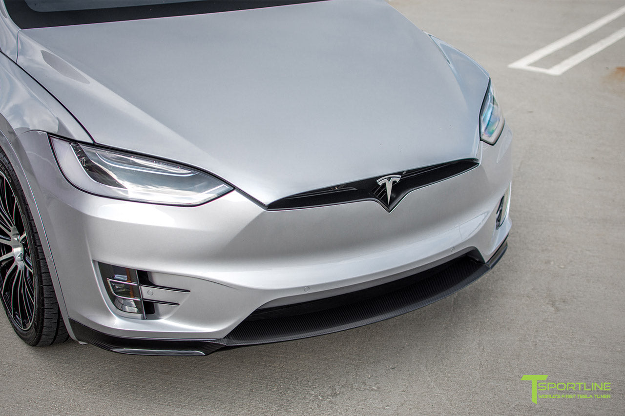 Silver Tesla Model X with Carbon Fiber Sport Package - Front Apron - Rear Diffuser - Side Skirt - Rear Wing by T Sportline