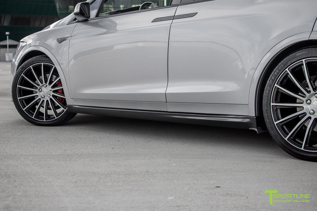 Silver Tesla Model X with Carbon Fiber Sport Package - Front Apron - Rear Diffuser - Side Skirt - Rear Wing by T Sportline