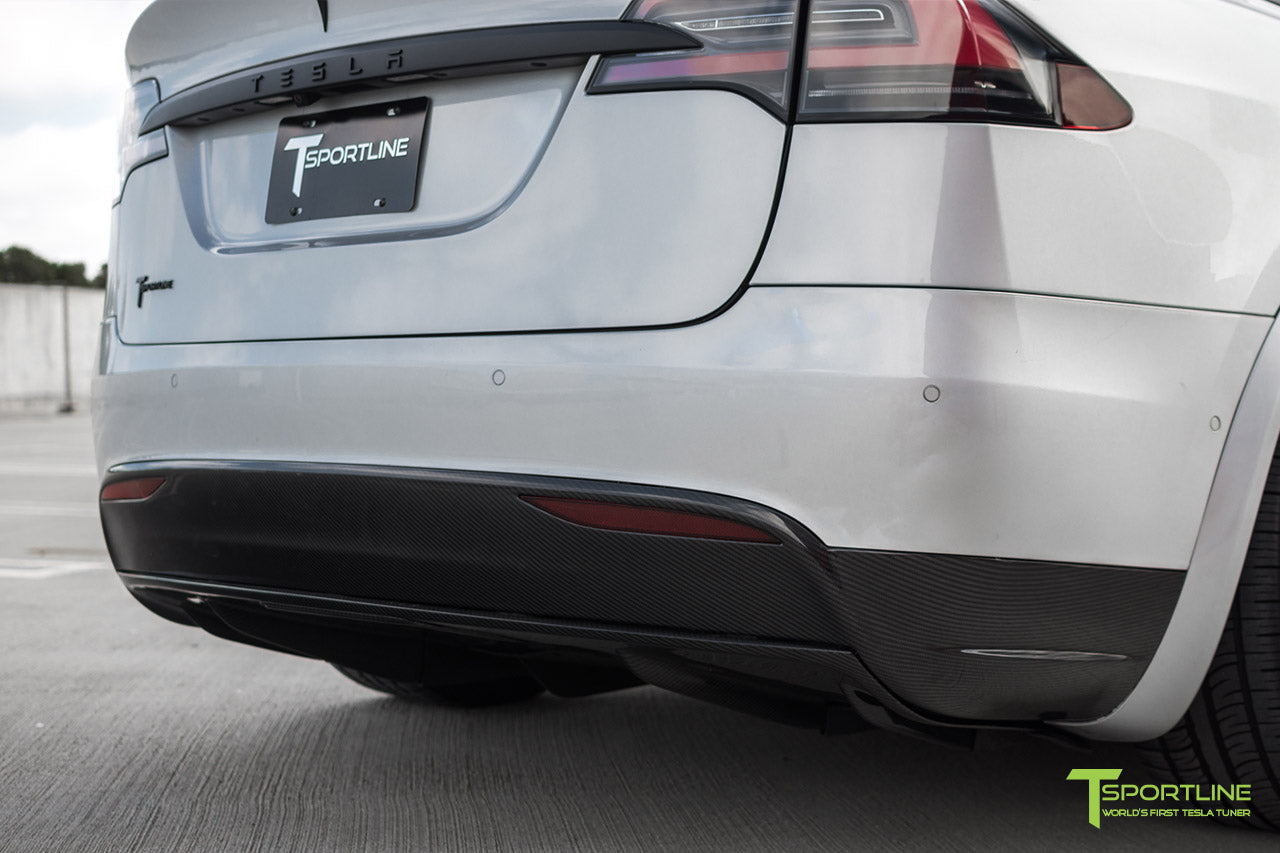Silver Tesla Model X with Carbon Fiber Sport Package - Front Apron - Rear Diffuser - Side Skirt - Rear Wing by T Sportline