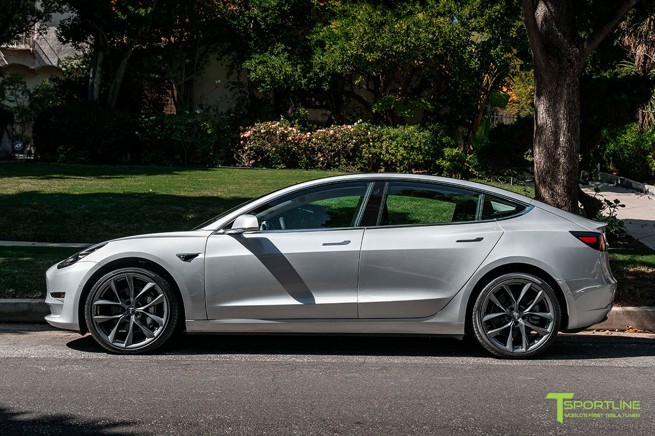 Silver Metallic Tesla Model 3 with Space Gray 20" TSS Flow Forged Wheels by T Sportline