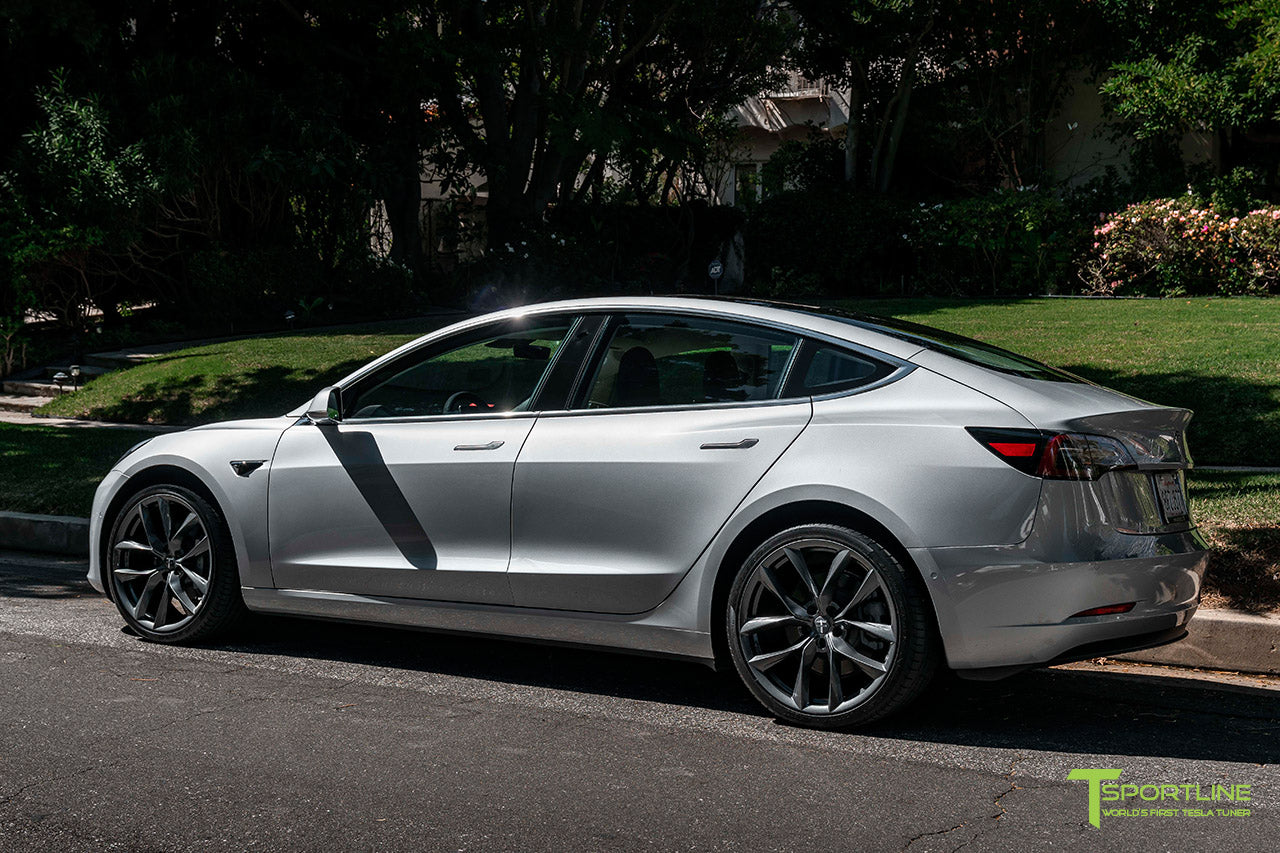 Silver Metallic Tesla Model 3 with Space Gray 20" TSS Flow Forged Wheels by T Sportline