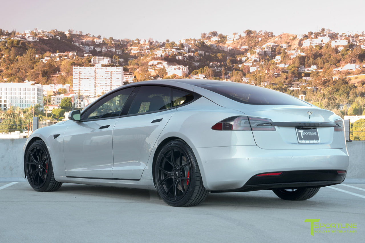 Silver Tesla Model S with TS115 21 inch Forged Wheels and Chrome Delete by T Sportline