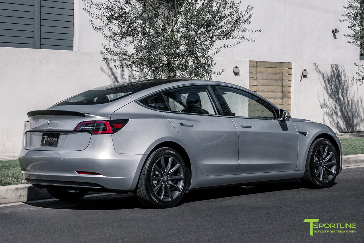 Silver Tesla Model 3 with Matte Carbon Fiber Trunk Wing Spoiler by T Sportline