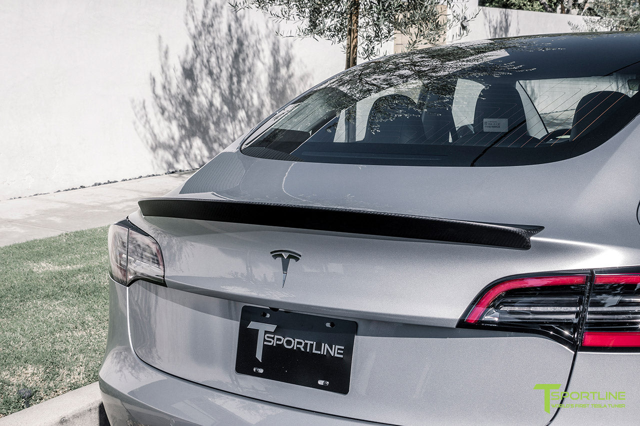 Silver Tesla Model 3 with Matte Carbon Fiber Trunk Wing Spoiler by T Sportline