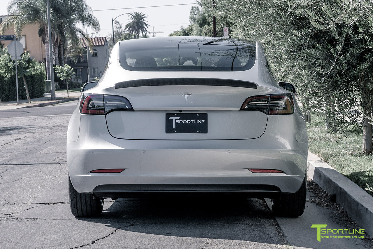 Silver Tesla Model 3 with Matte Carbon Fiber Trunk Wing Spoiler by T Sportline