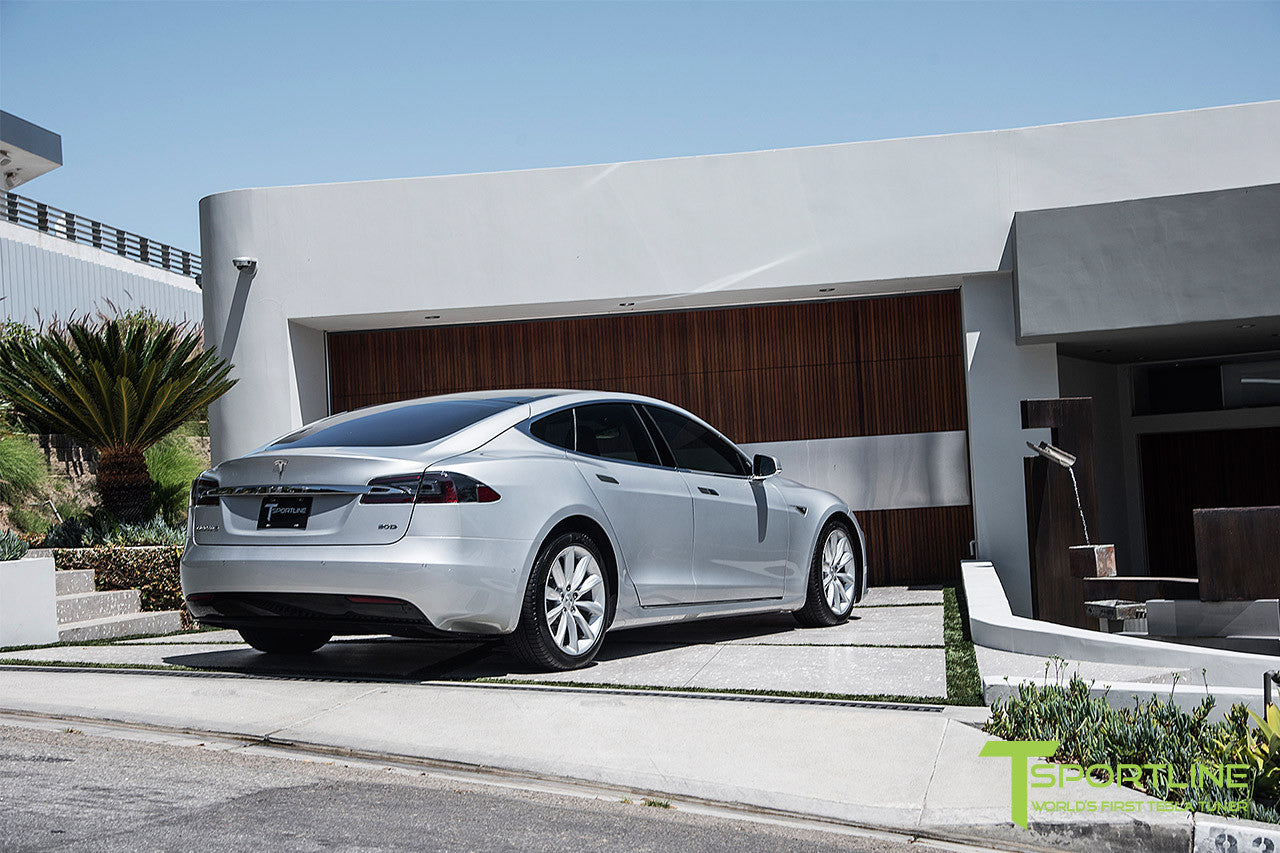 Silver Tesla Model S 2.0 with 19 Inch TST Wheels in Brilliant Silver