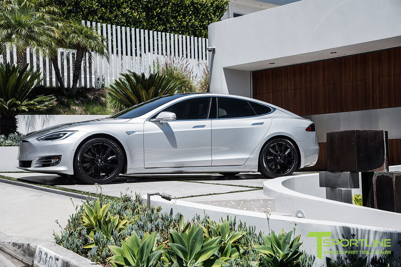 Silver Tesla Model S 2.0 with 19 Inch TST Wheels in Gloss Black