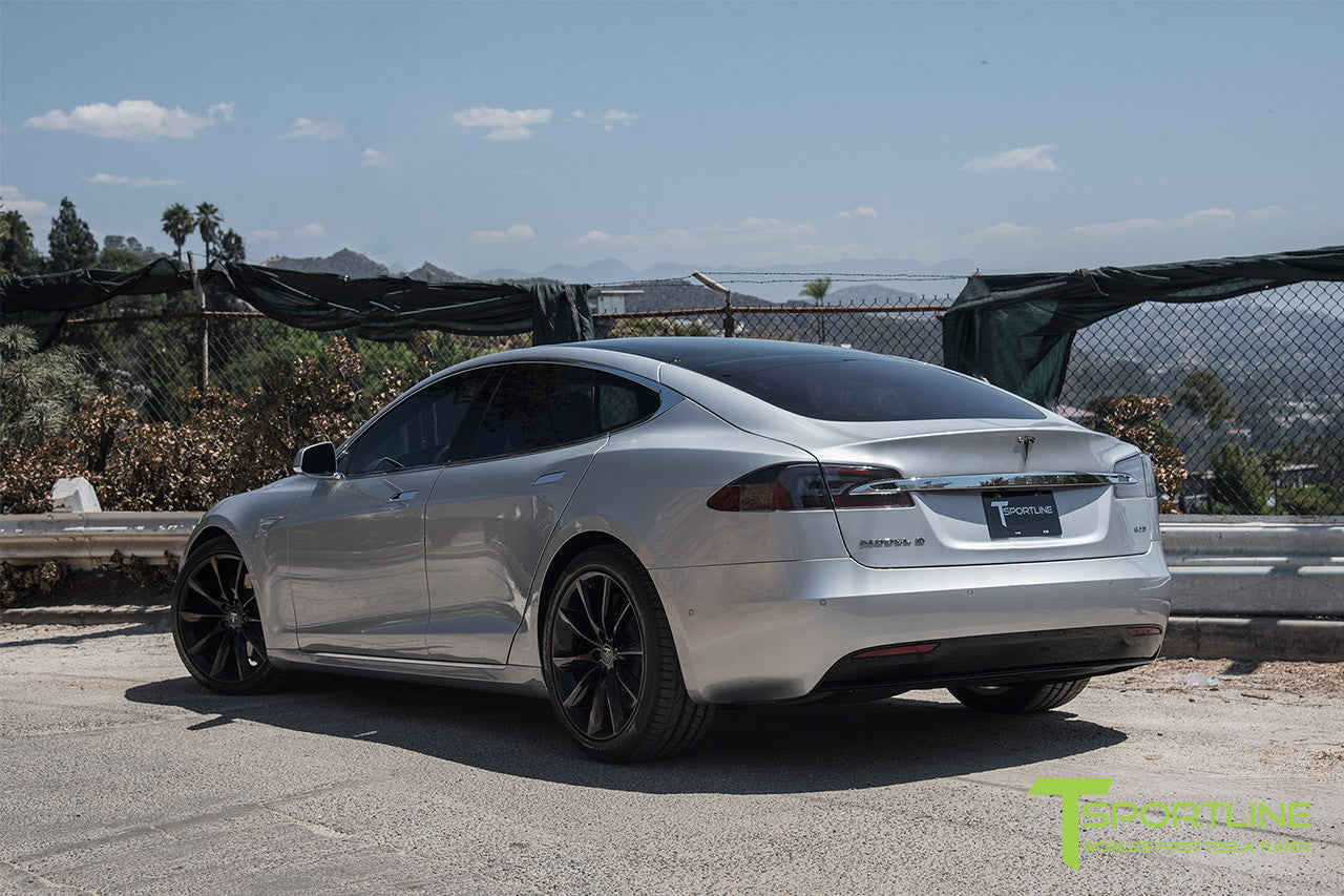 Silver Tesla Model S 2.0 with 20 Inch TST Wheels in Gloss Black