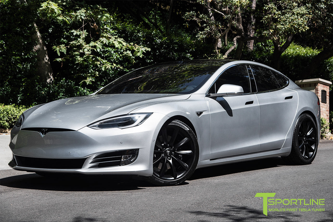 Silver Tesla Model S 2.0 with 20 Inch TST Wheels in Matte Black