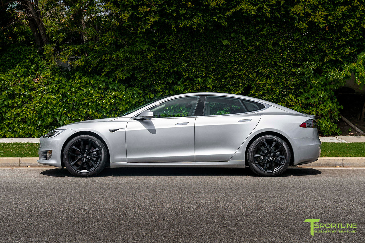Silver Tesla Model S with 19" TSS Flow Forged Wheels in Matte Black by T Sportline