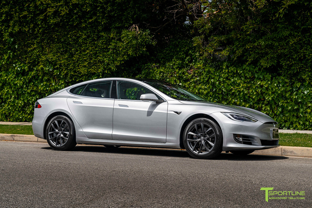 Silver Tesla Model S with 19" TSS Flow Forged Wheels in Space Gray by T Sportline