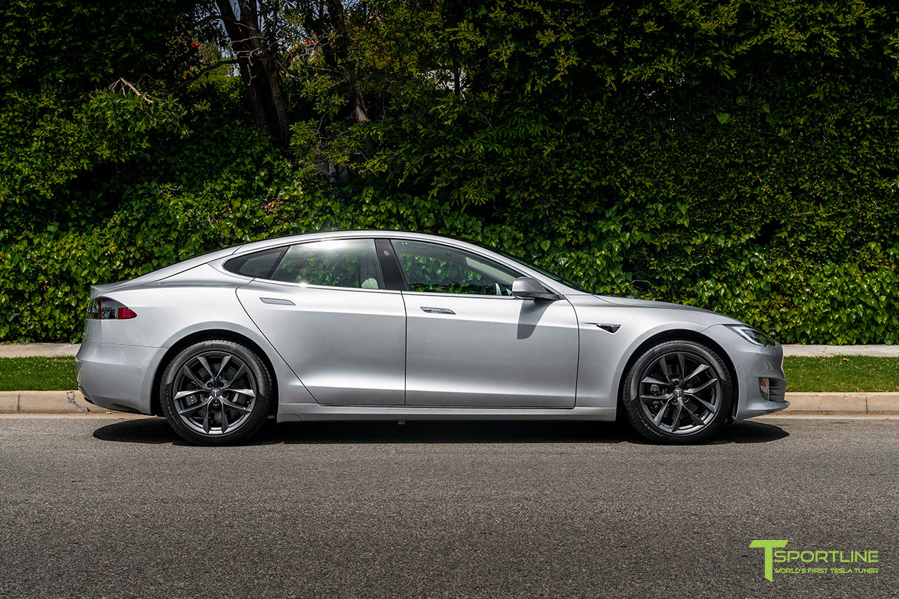 Silver Tesla Model S with 19" TSS Flow Forged Wheels in Space Gray by T Sportline