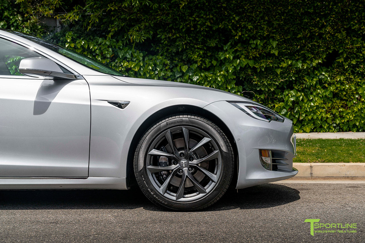 Silver Tesla Model S with 19" TSS Flow Forged Wheels in Space Gray by T Sportline