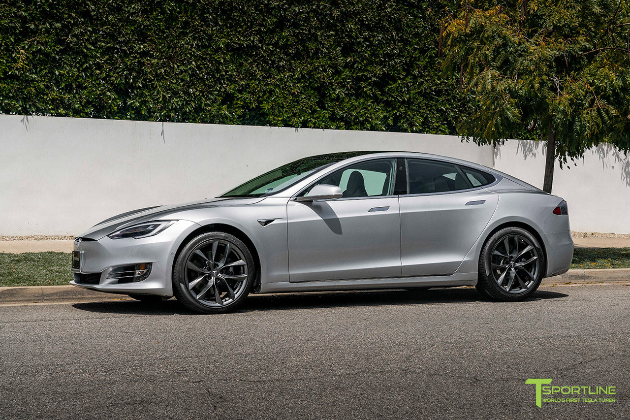 Silver Tesla Model S with 20" TSS Flow Forged Wheels in Space Gray by T Sportline