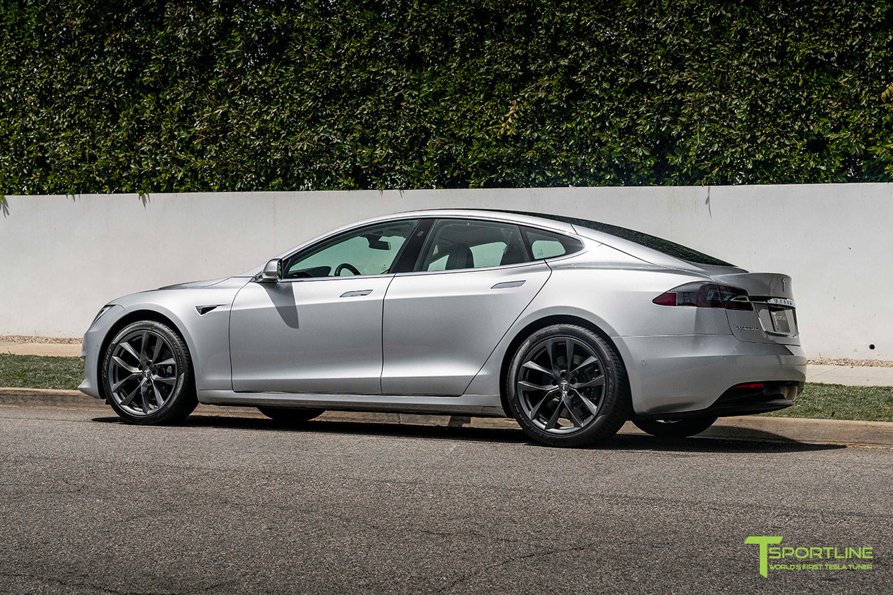 Silver Tesla Model S with 20" TSS Flow Forged Wheels in Space Gray by T Sportline