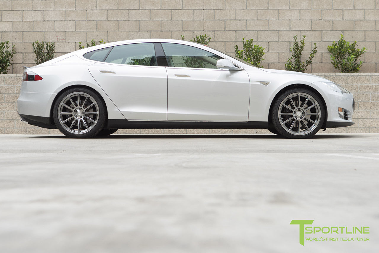 Silver Tesla Model S 1.0 with Brush Satin 21 inch TS112 Forged Wheels