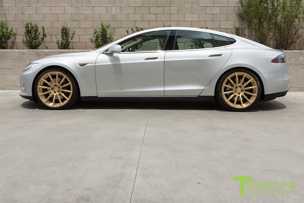 Silver Tesla Model S 1.0 with Ghost Gold 21 inch TS112 Forged Wheels