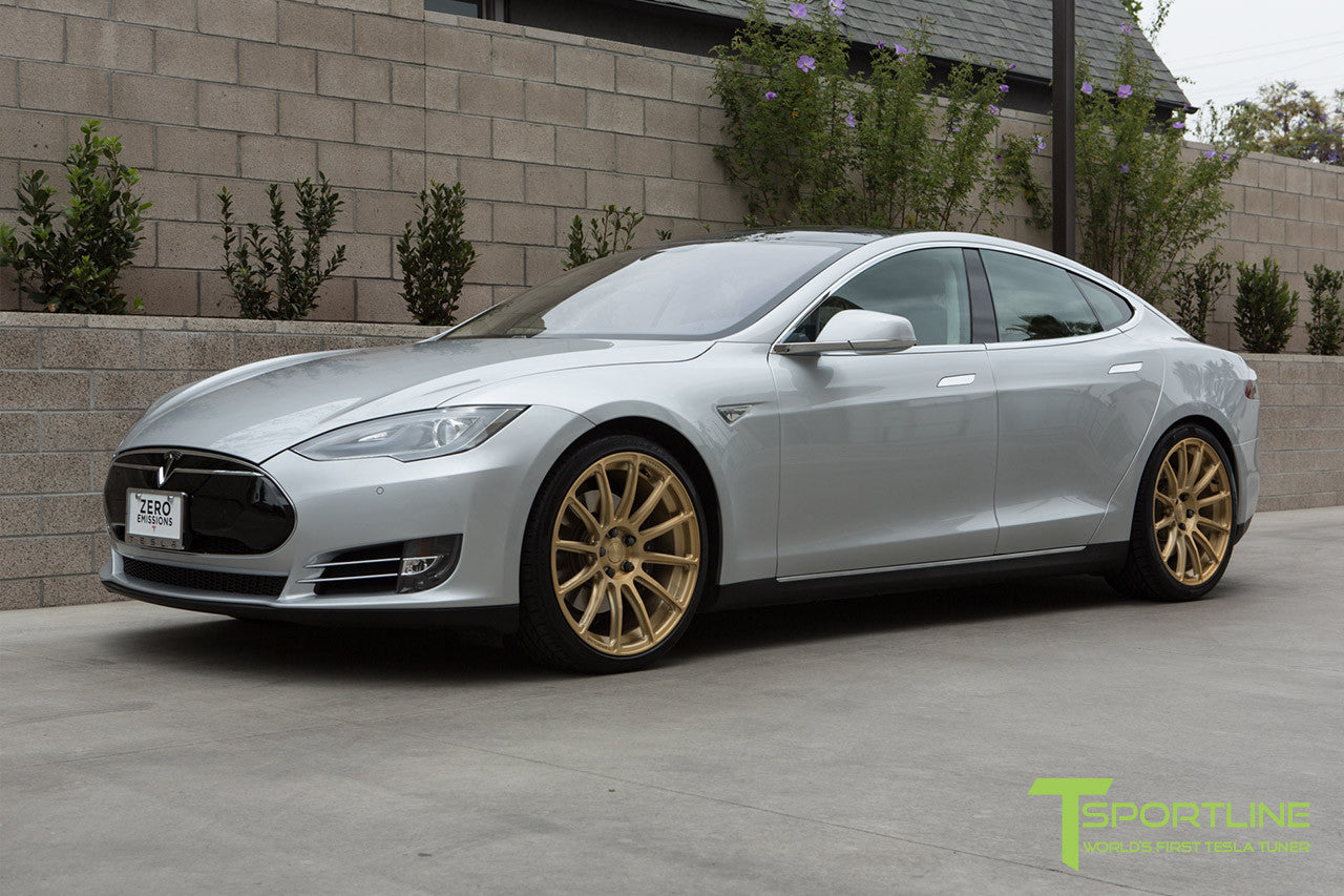Silver Tesla Model S 1.0 with Ghost Gold 21 inch TS112 Forged Wheels