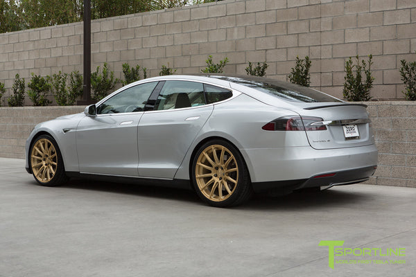 Silver Tesla Model S 1.0 with Ghost Gold 21 inch TS112 Forged
